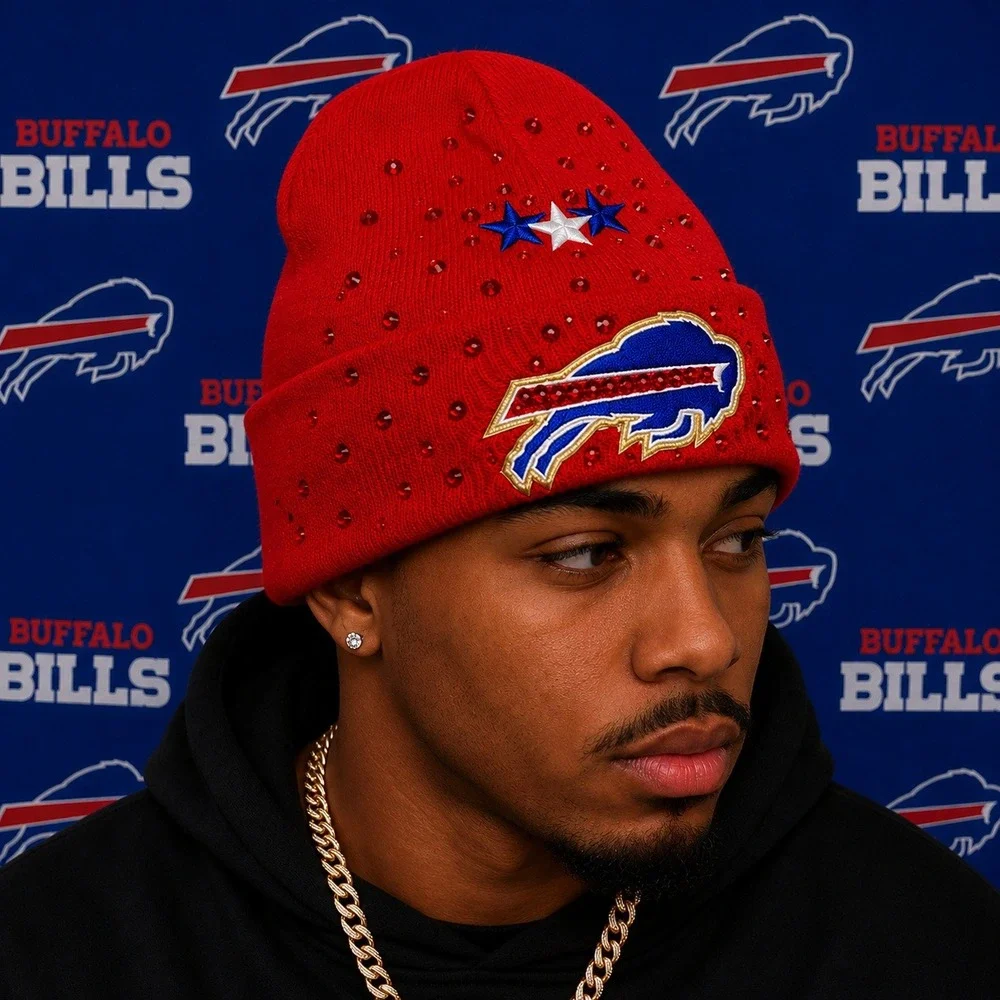 Buffalo Bills Beanie Red design‎ with logo-gold trimming, stars, rhinestones